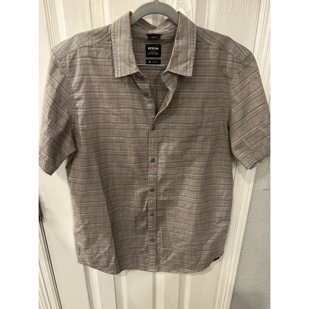 Prana Button Down Shirt‎ Grey Tan Striped Slim Fit Short Sleeve Hiking Casual M